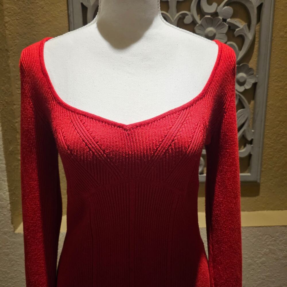 Pink Rose L Coquette Sweetheart Ribbed Top Red Fitted Soft Girl Stretch Sweater - Picture 7 of 11